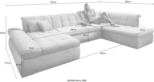 DOMO collection Wohnlandschaft NMoric im XXL-Format, B/T/H: 353/216/80 cm, incl. Zierkissen, wahlwei
