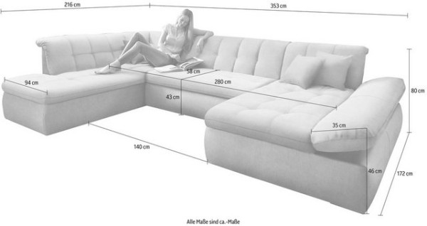 DOMO collection Wohnlandschaft NMoric im XXL-Format, B/T/H: 353/216/80 cm, incl. Zierkissen, wahlwei